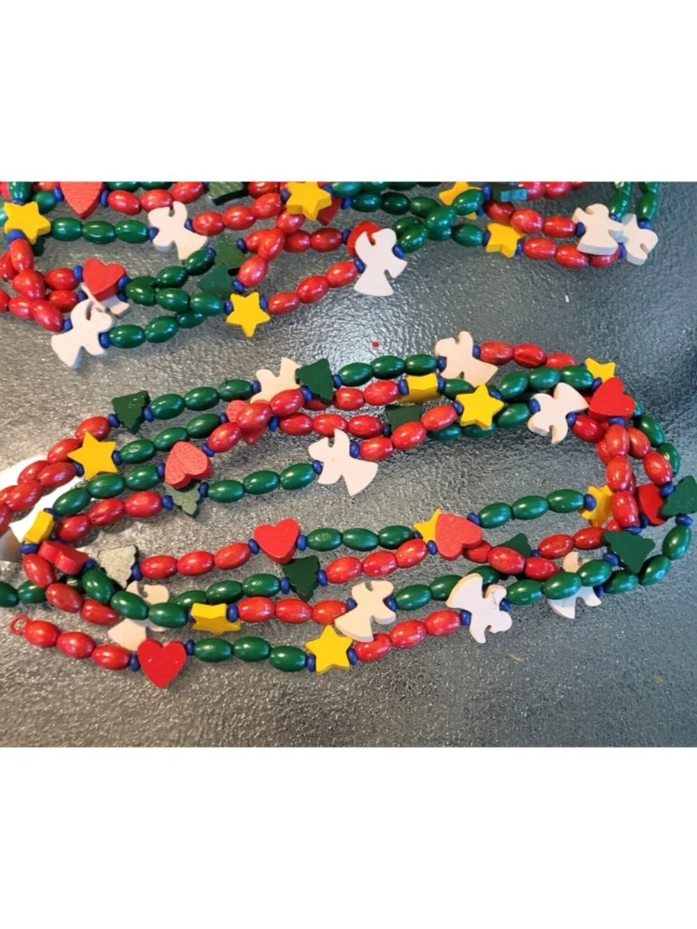 Wooden Beaded Lot 6 Christmas Garland With Angels Stars Hearts & Trees Red Green